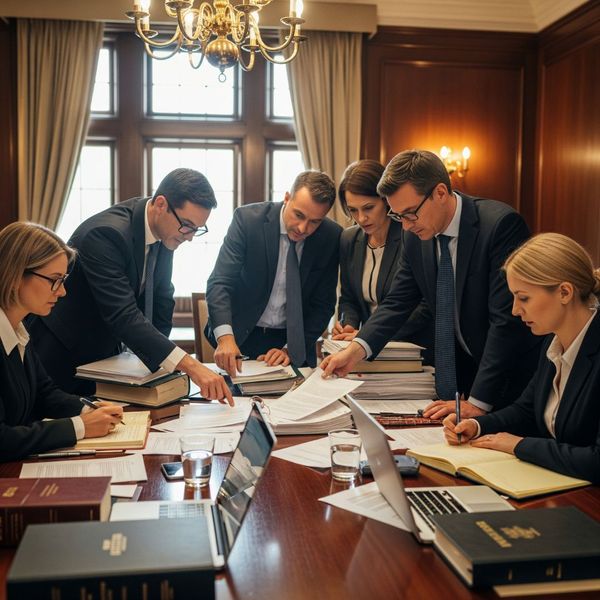 A group of legal professionals reviews documents