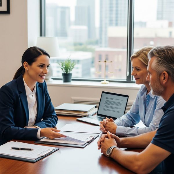 A compassionate female lawyer sits with a couple