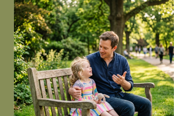 Father sharing a happy moment with his child in a sunlit outdoor park.