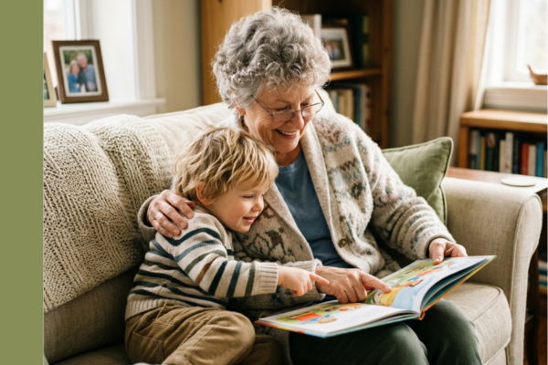 Grandmother reading a book with her grandchild in a cozy home setting.
