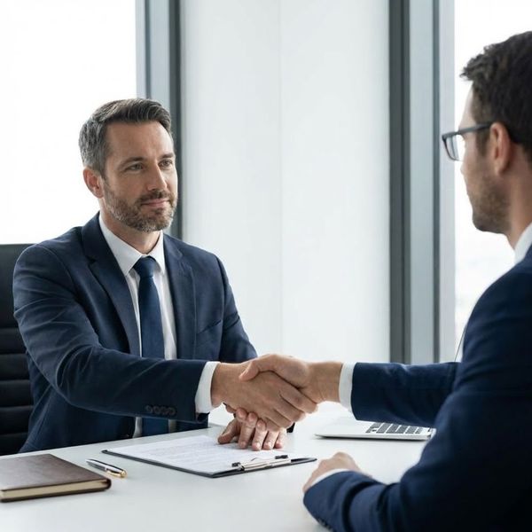 An attorney and client shaking hands across a desk in a modern office.