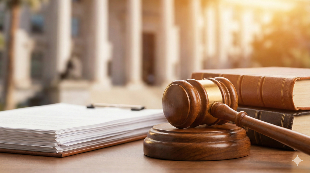 Gavel and legal documents on a desk with a blurred California courthouse in the background.