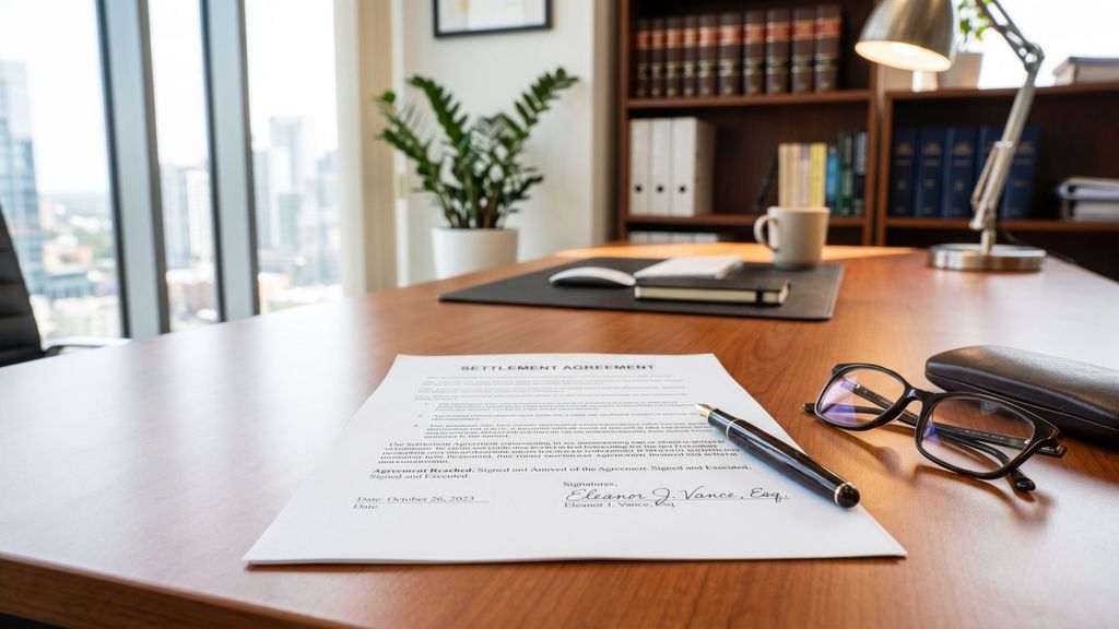 A neatly organized desk with a signed legal document and pen symbolizing a resolved California legal case.