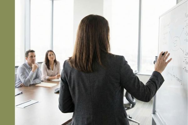 View from behind of a female attorney with long dark hair gesturing toward a whiteboard during a meeting with two clients.