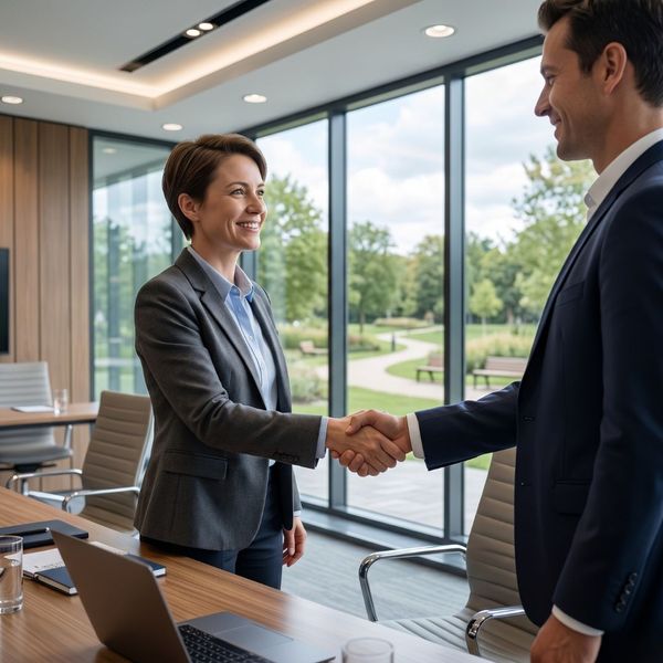 Two people shaking hands in a professional office setting representing a successful legal settlement.