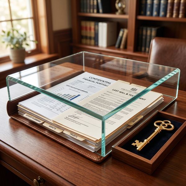 A protective glass shield over financial papers and a key representing the division of assets in family law.