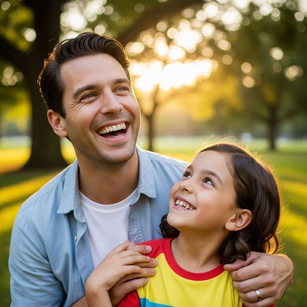 A smiling stepparent and child outside