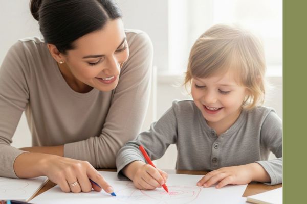 adult and child using colored pencils