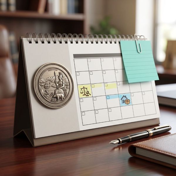 A desk calendar with a California seal representing residency requirements for filing for divorce.