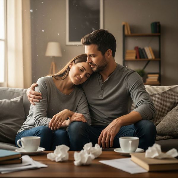 a couple looking relieved after a difficult discussion