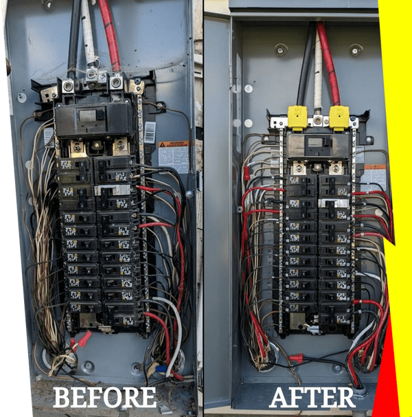 Before and after of an electrical panel replacement showing exposed wiring, circuit breakers and a clean, professional installation.