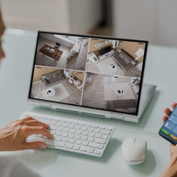 A woman viewing a security camera feed on her laptop