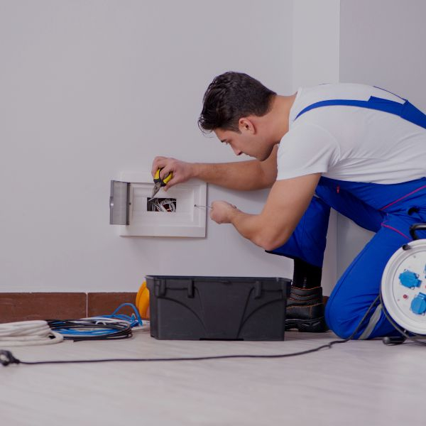 An electrician installing wires into a wall