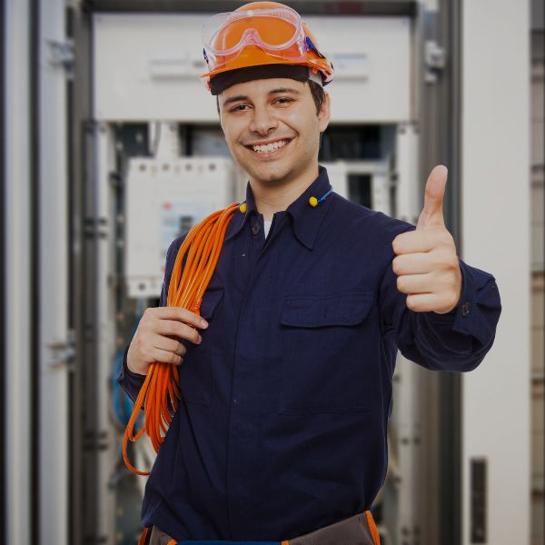 Electrician in safety gear giving a thumbs up