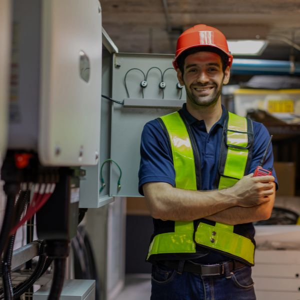 An electrician in safety gear smiling