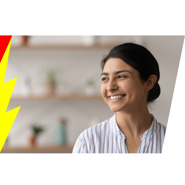 A woman smiling after being satisfied with her electrical service