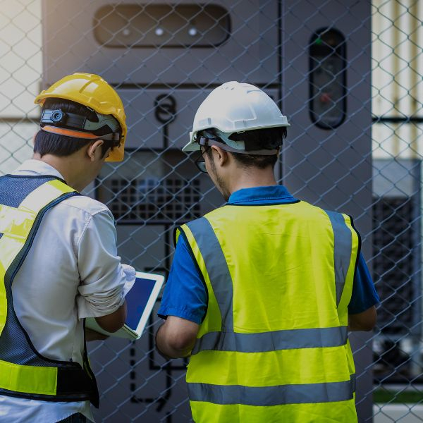 Electricians in safety gear gathering and talking