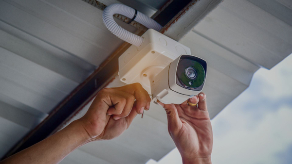 Electrician installing a security camera