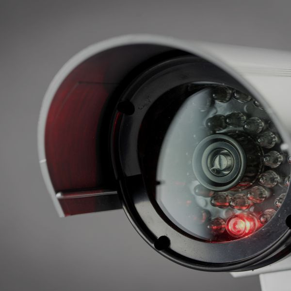 A security camera with a red recording light lit