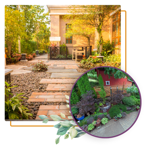 brick pavers, lush landscaping around home