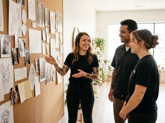 A smiling woman with tattooed arms gestures to a cork board filled with tattoo designs, talking to a man and woman in a bright studio. Tattoo artists discussing designs