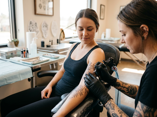 A female tattoo artist, wearing black gloves, meticulously tattoos a detailed floral design onto a client's forearm in a professional studio. Female tattoo artist applying an arm tattoo