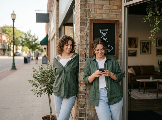Two young women with curly hair, in green shirts and jeans, smile as one uses a phone outside a shop on a sunny day. Two smiling women outside a brick storefront