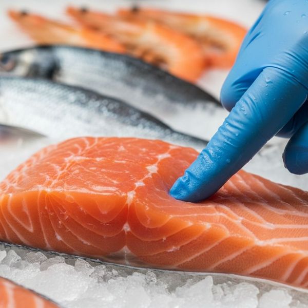 A person's finger pressing on a fresh fish fillet to check for firmness.