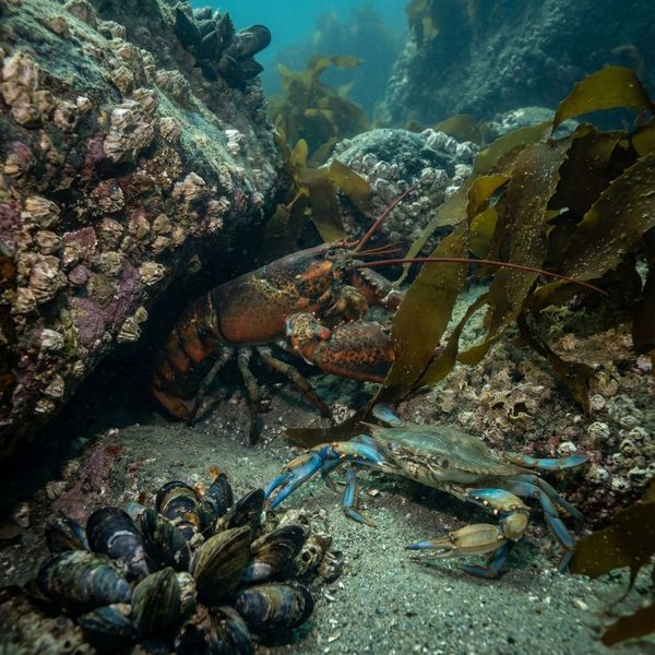 Underwater close-up of an American lobster and blue crab in their natural rocky reef habitat in Long Island Sound.