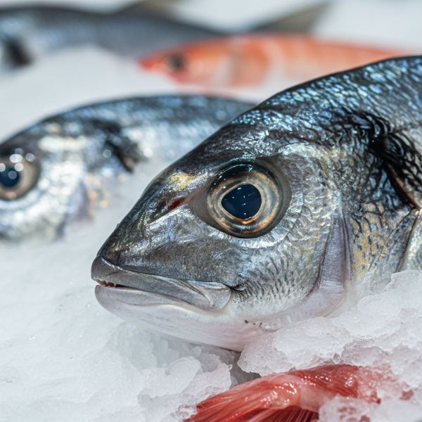 A close-up of a fresh fish's head, showing a bright and clear eye as a sign of freshness.