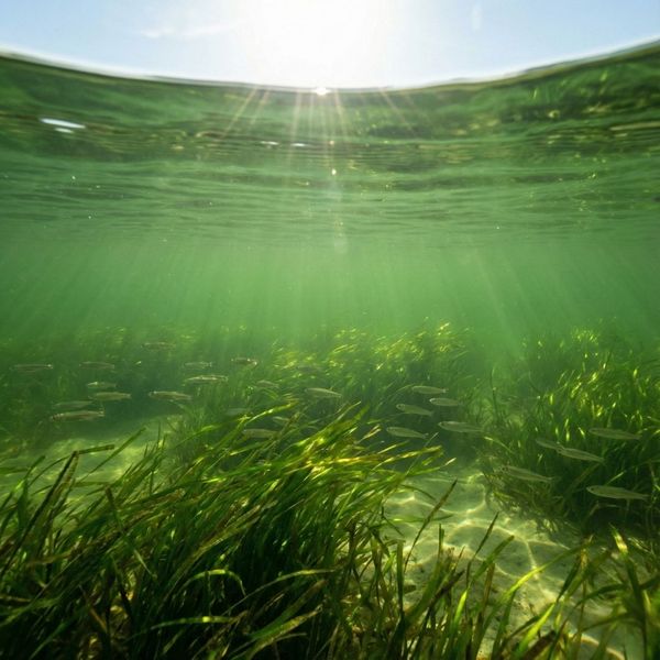 Split-level underwater view of a nutrient-rich estuary with seagrass, baitfish, and sunlight penetrating the surface.