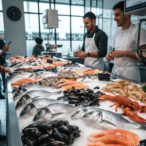 A variety of fresh fish and seafood displayed on ice at a local seafood market.