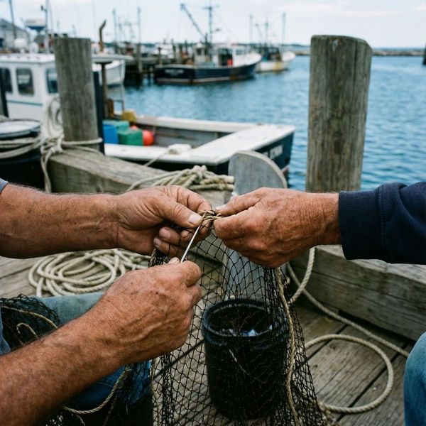Close-up of a fisherman's hands repairing a net on a wooden dock, symbolizing sustainable Long Island fishing traditions.