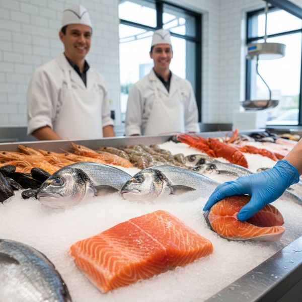 A clean and well-maintained seafood counter at a local fish market.