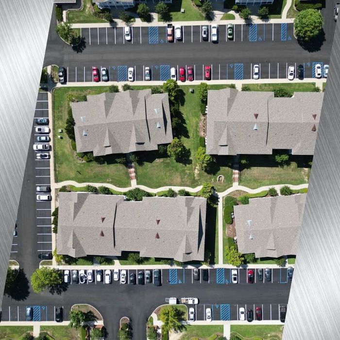 aerial view of a paved parking lot