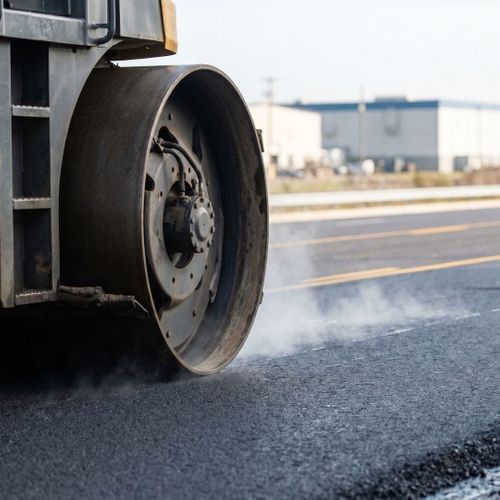 An industrial roller compacts fresh, steaming heavy-duty asphalt.