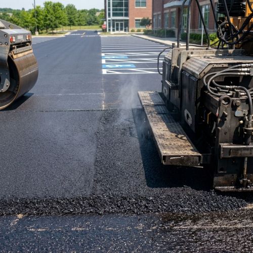 Close up of hot asphalt being laid, showing the curing process in high heat.