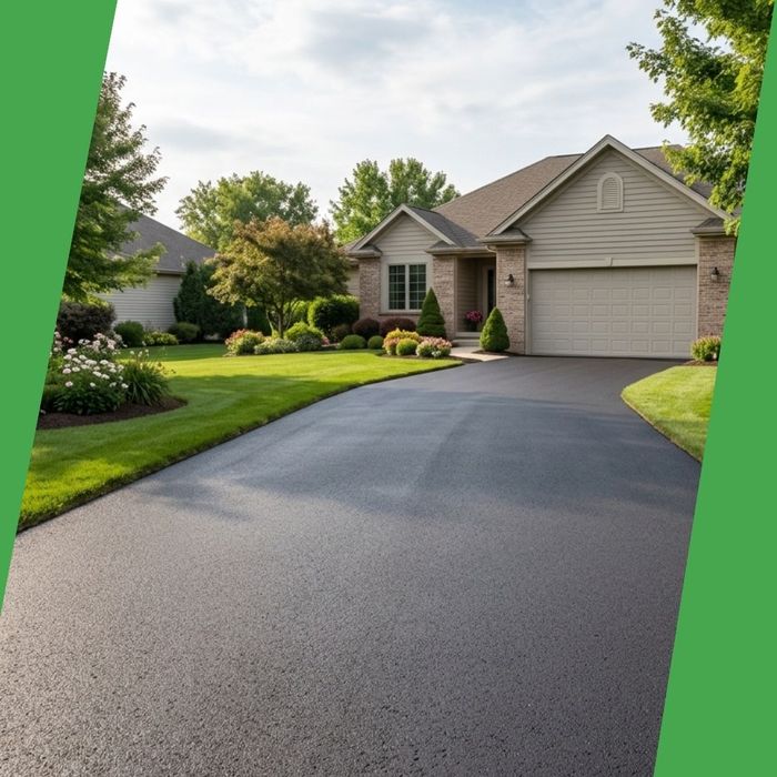 Smooth residential driveway paved with fresh dark asphalt.
