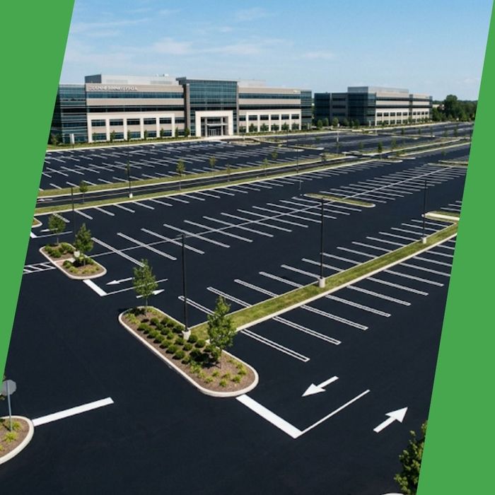 a large freshly paved parking lot outside of an office building