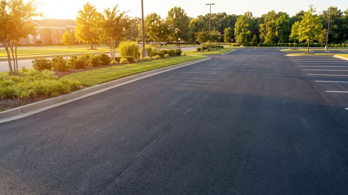 A wide, freshly paved asphalt commercial lot.