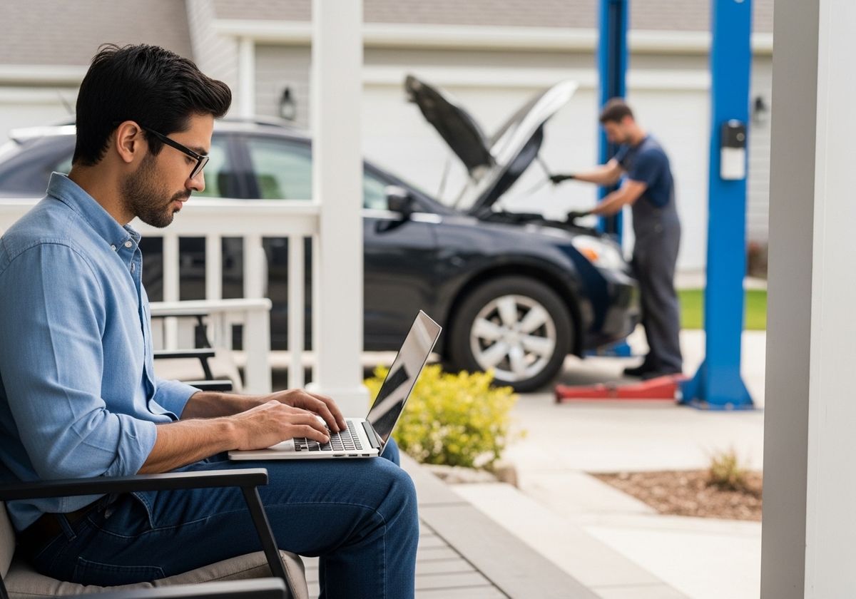 Man working on laptop with car repair in background