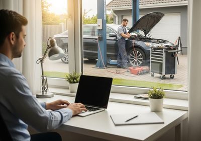 A man sits at a white desk with a laptop, lamp, notepad, pen, and small potted plants, seemingly working from home. Through the window behind him, a mechanic in blue overalls is seen working on a dark gray car with the hood open, which is raised on a blue mechanical lift. A gray garage door and the corner of a gray house can also be seen in the background. Man works on laptop while car is being repaired