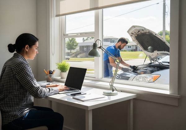 Woman Working from Home while Car Mechanic Works Outside