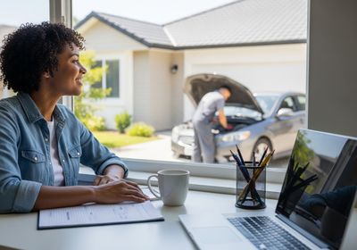 A woman with curly hair sits at a desk, smiling and looking out the window. In the background, a mechanic is working on a car with the hood open in front of a house. On the desk are a laptop, a mug, a document, and a pencil holder. Woman working from home while mechanic fixes car
