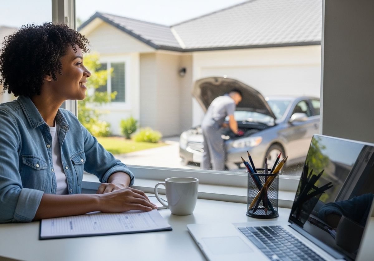 Woman working from home while mechanic fixes car