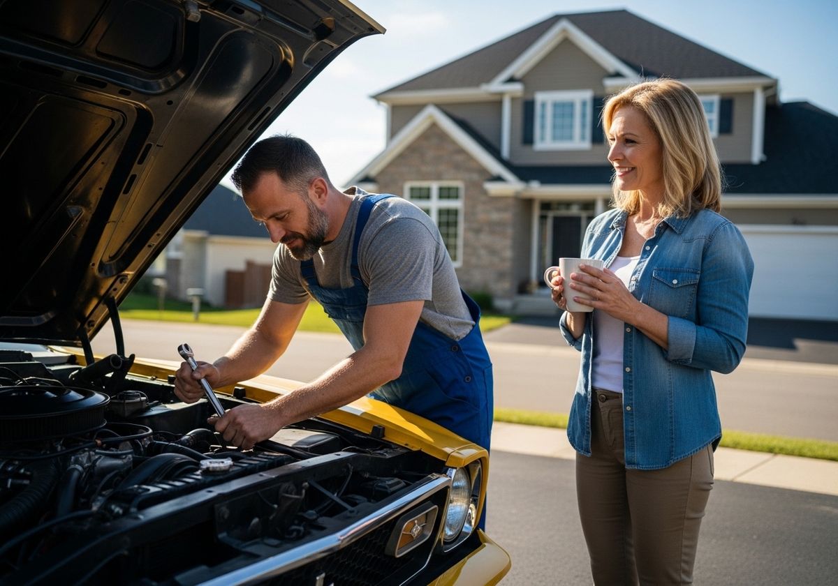 Man Repairing Car with Woman Watching