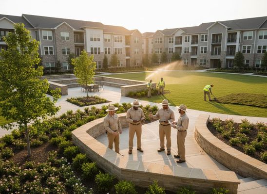 Commercial landscaping team meeting at an apartment complex