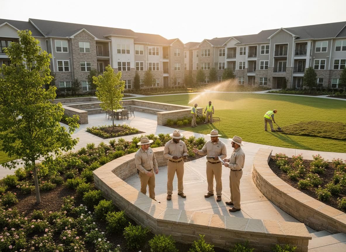 Commercial landscaping team meeting at an apartment complex