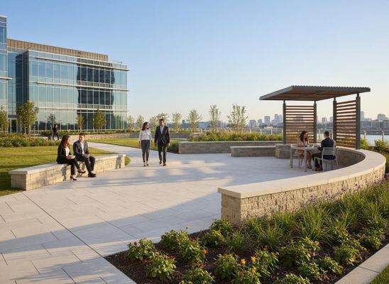Business professionals relaxing and working on an outdoor corporate patio