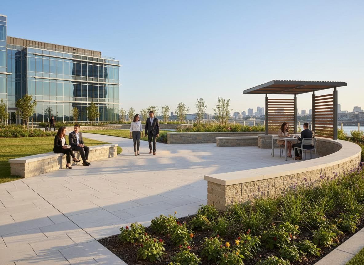 Business professionals relaxing and working on an outdoor corporate patio
